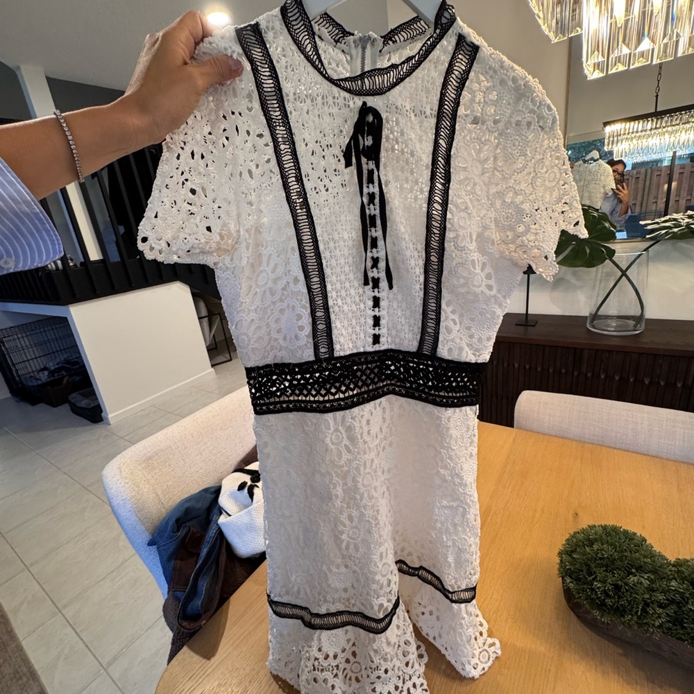Aqua White Lace Mini Dress with Black Trim